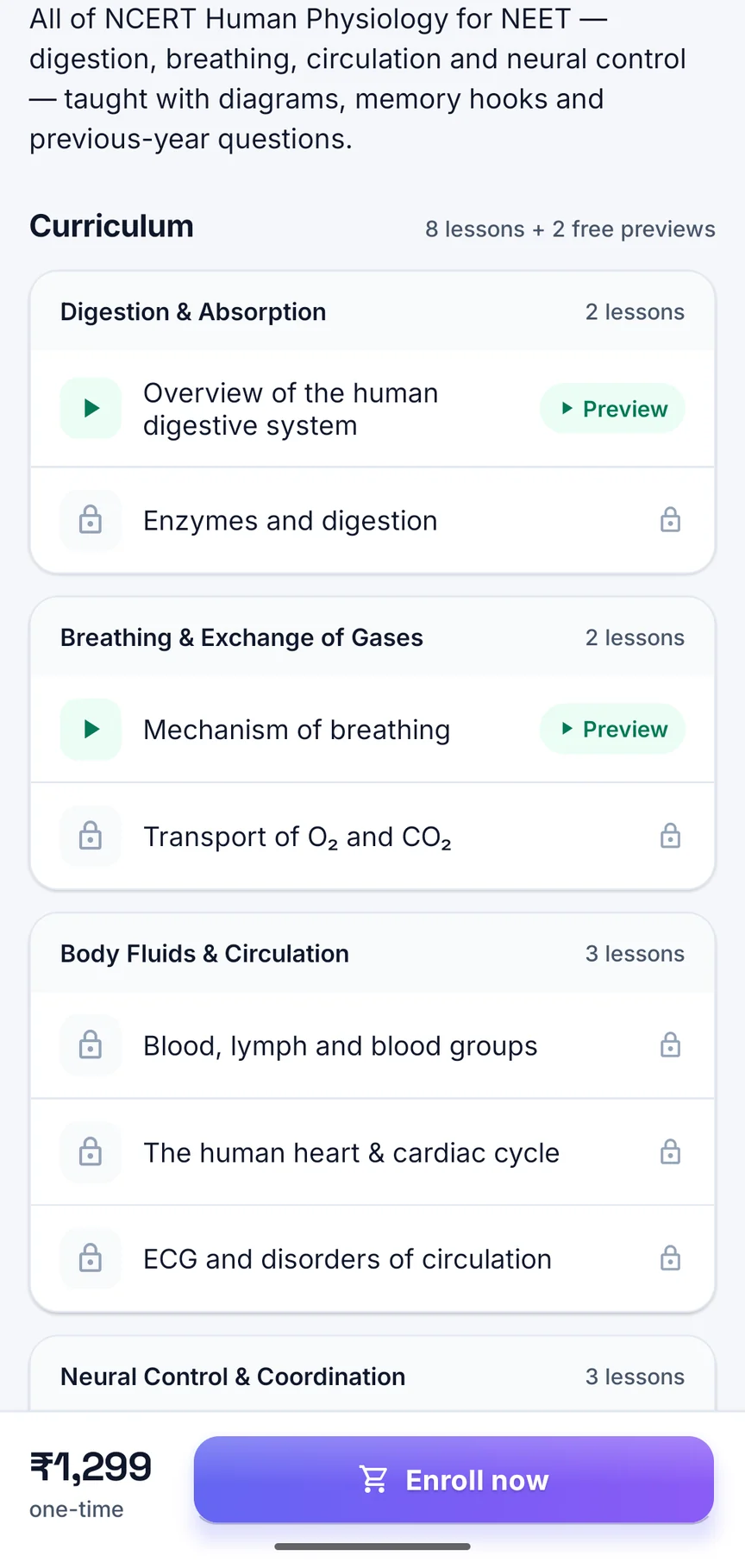 The price and Enroll now button on a course