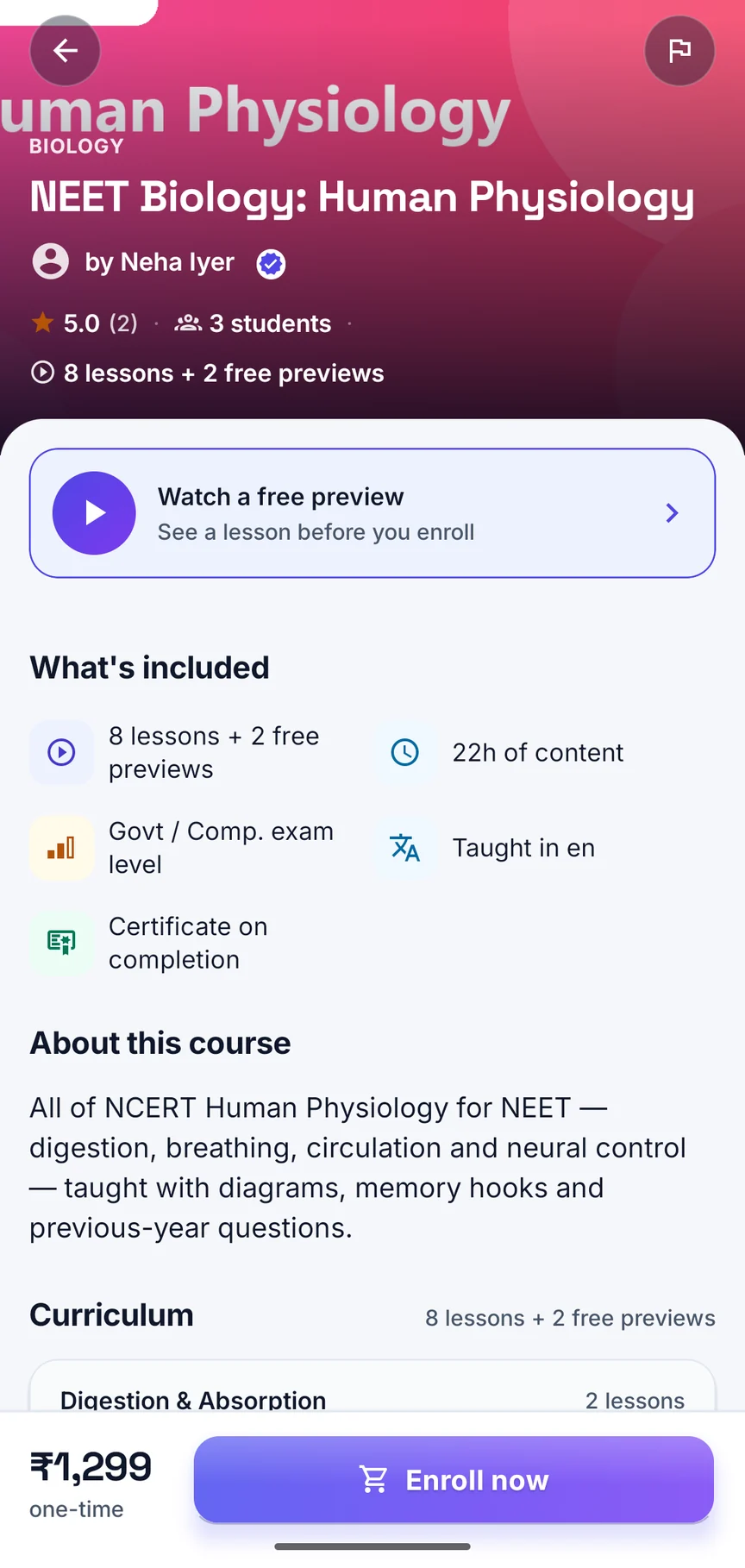 A course page in the app