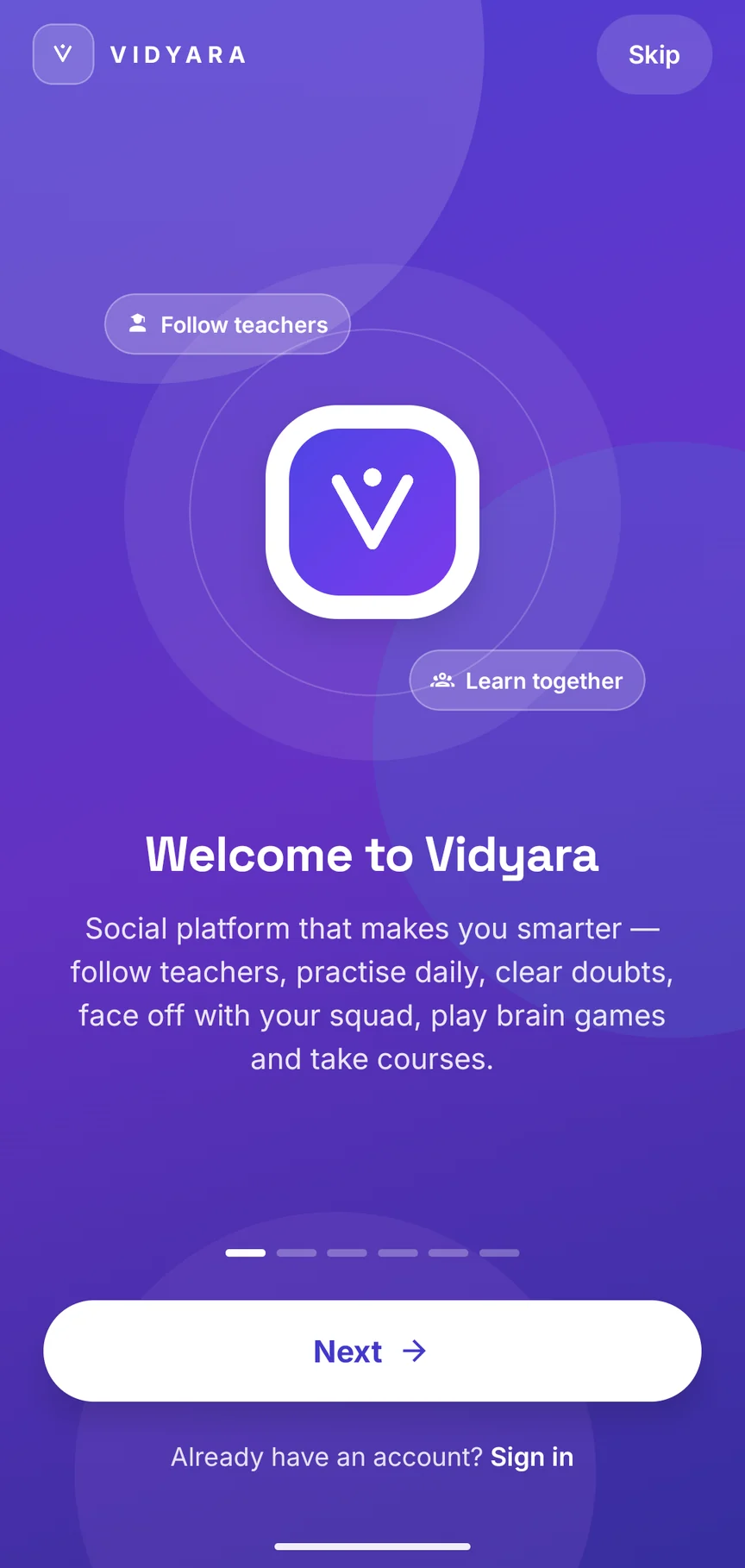The Vidyara app welcome screen