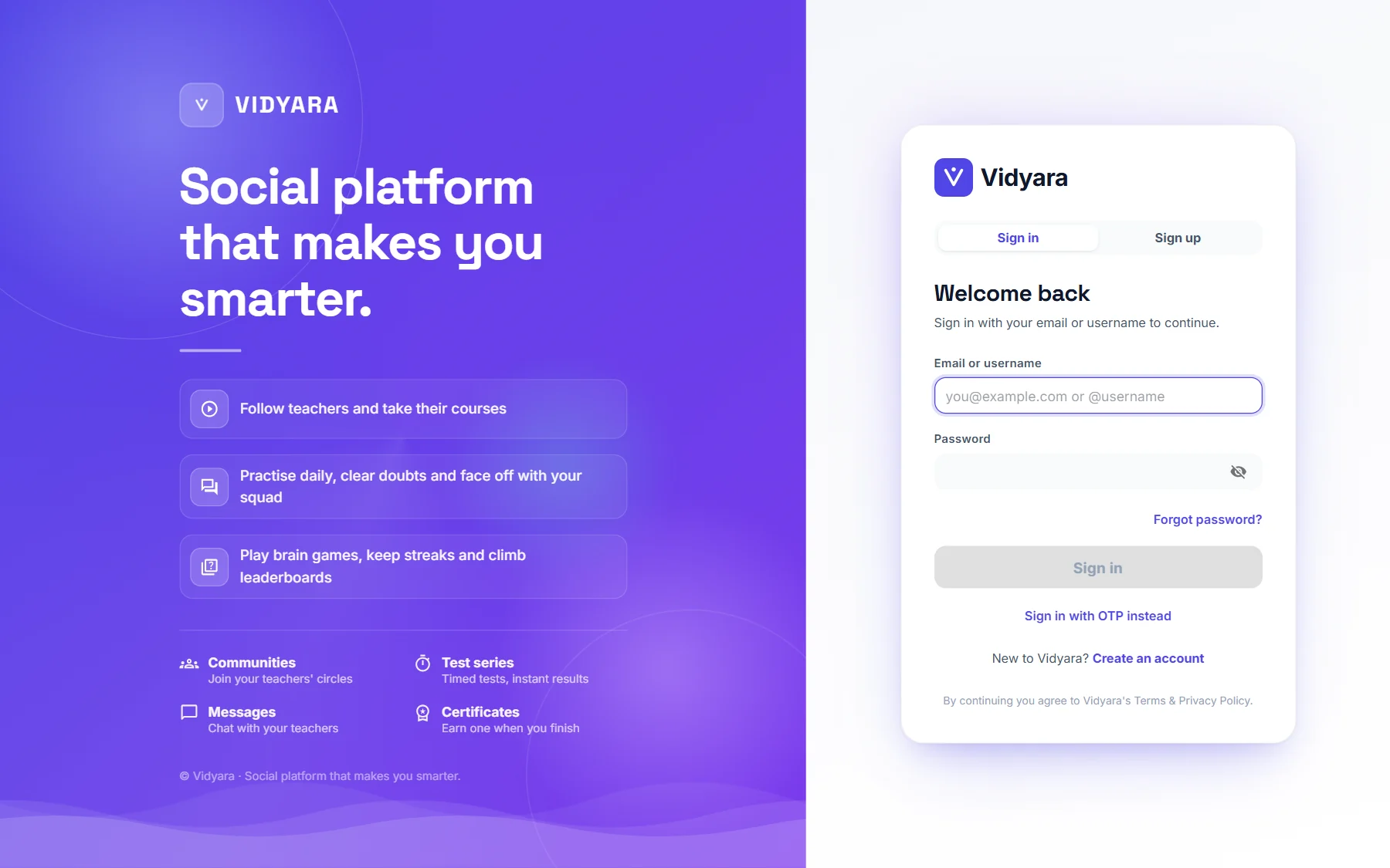 The Vidyara sign-in screen