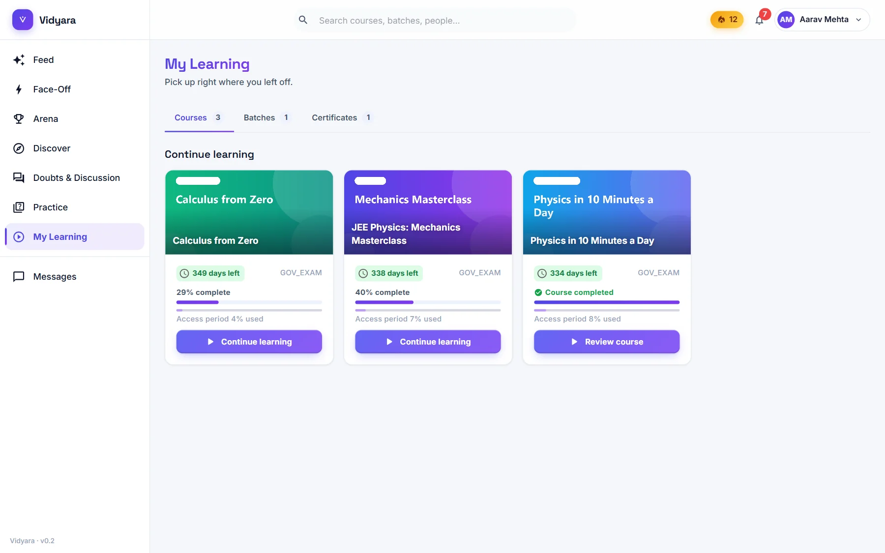 The My Learning page