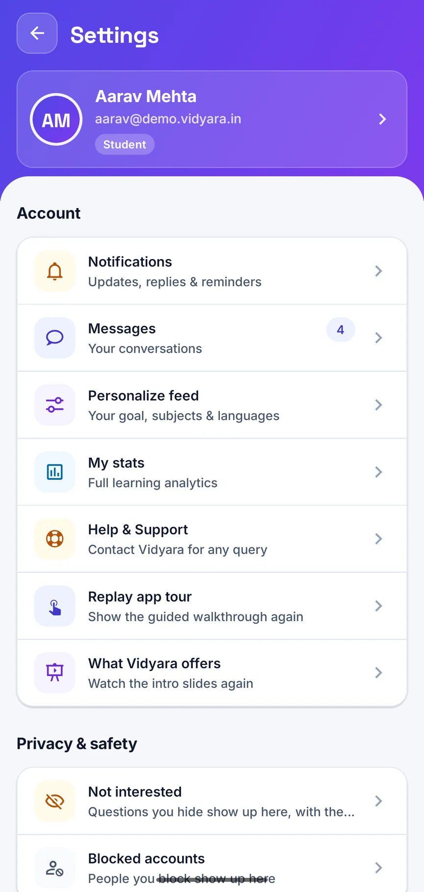 Settings in the app