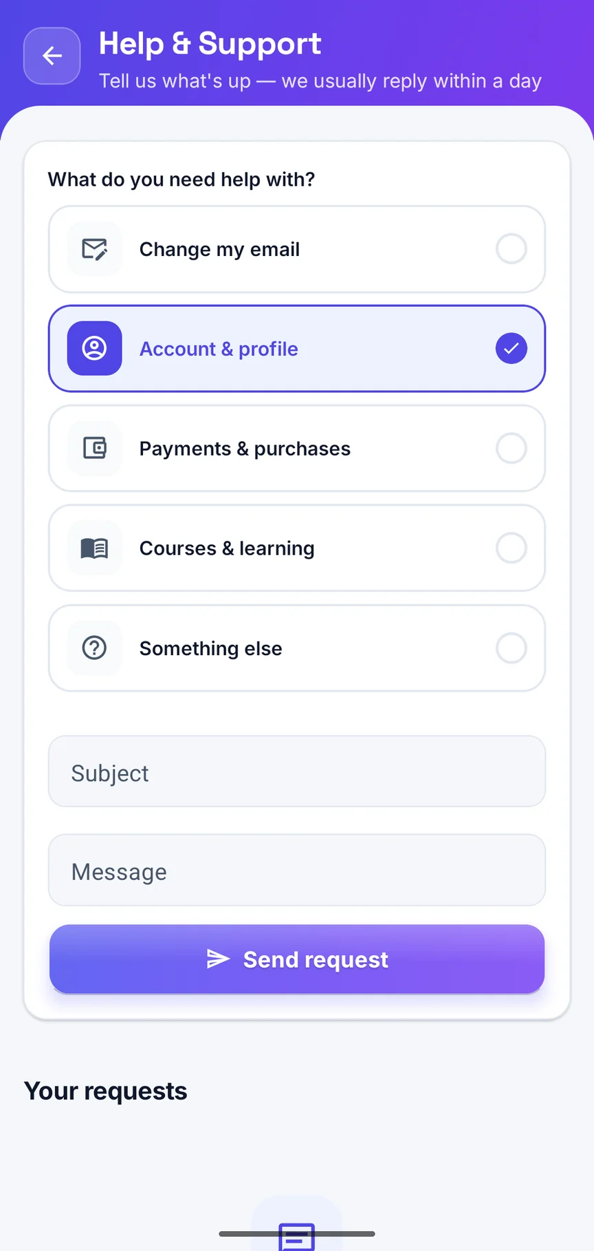 Help & Support in the app