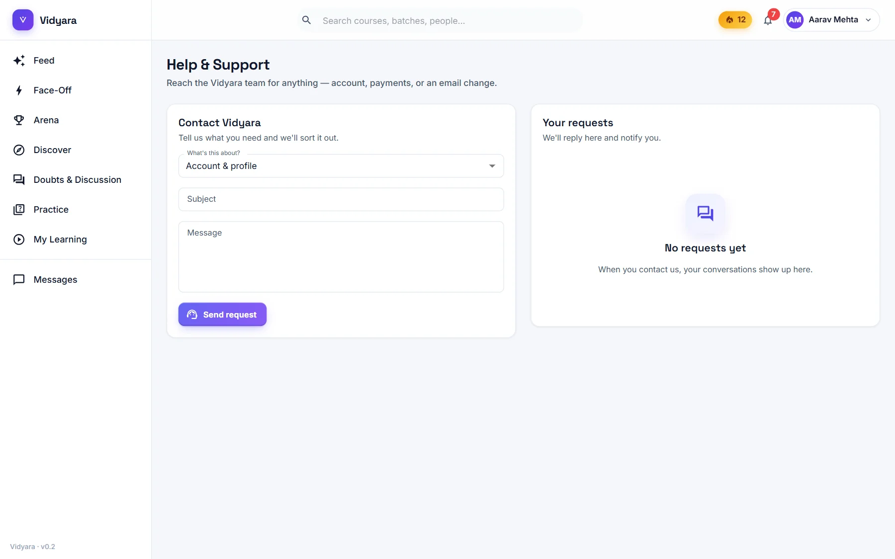 The Help & Support page