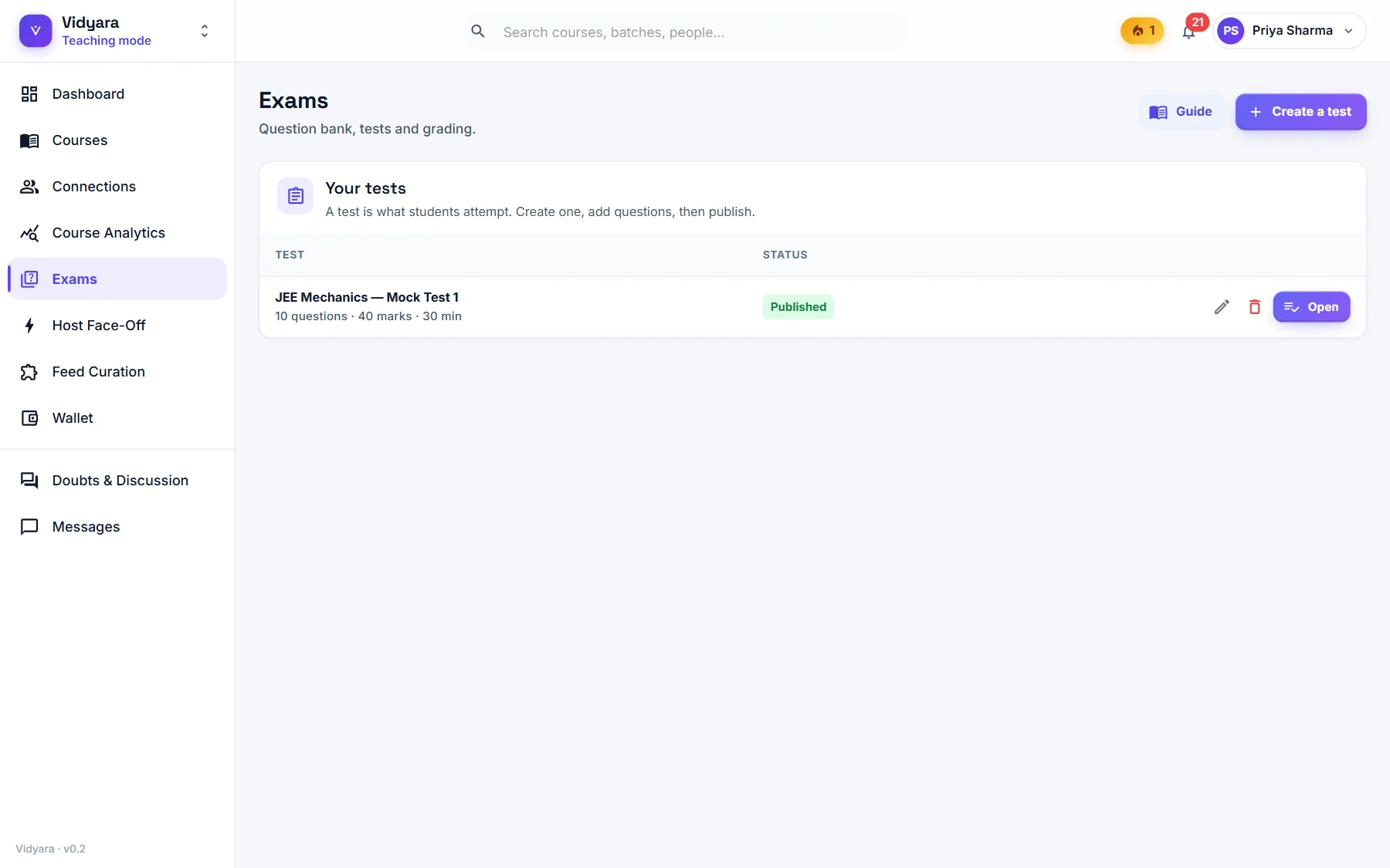 The Exams page