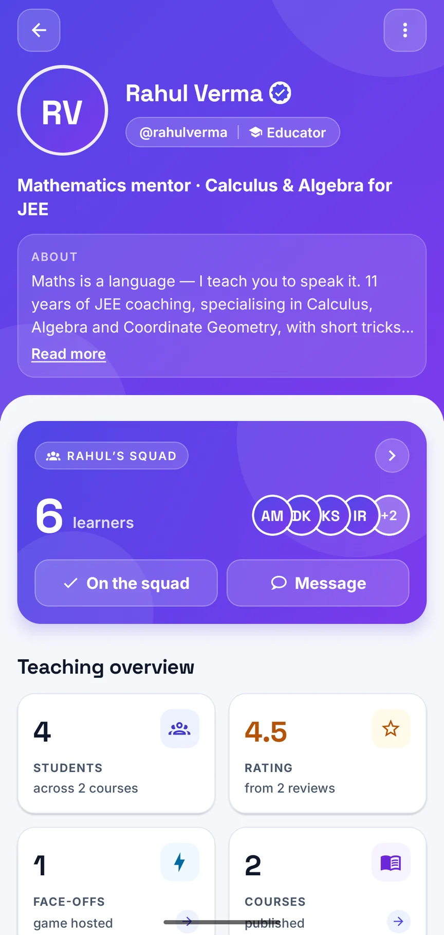 A teacher’s profile in the app